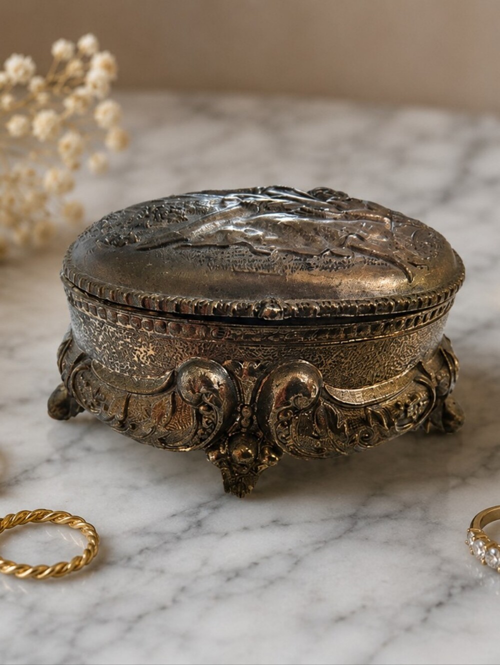 Ornate Decorative Metal Trinket Box - Antique-Style